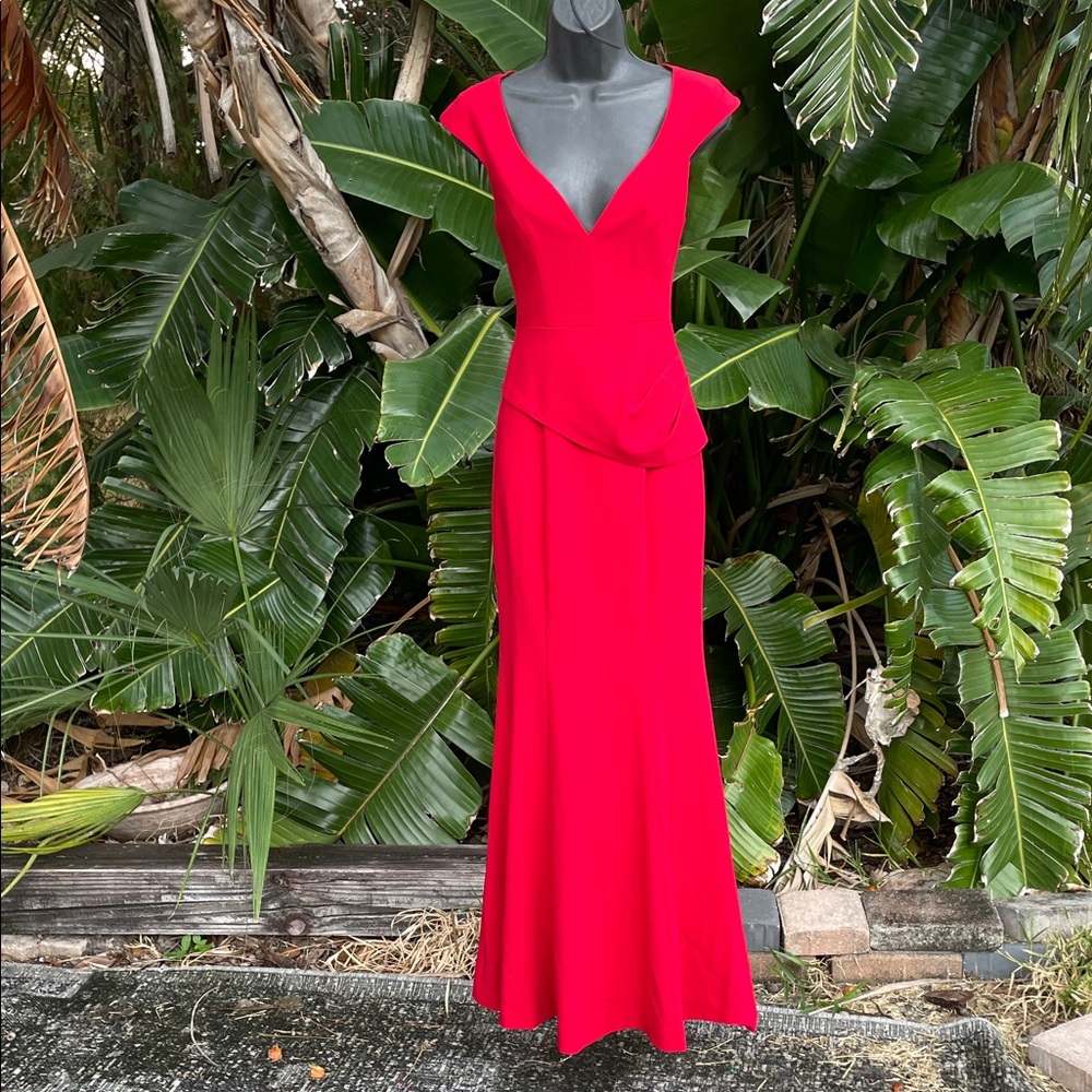 Black Halo red  peplum gown with trumpet ski skirt